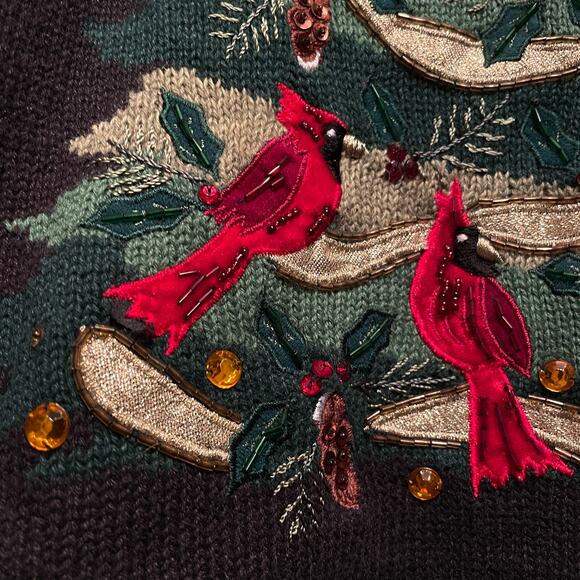 Tiara International L Christmas Cardinals Sweater | Beaded Embellished Holiday - Picture 2 of 7